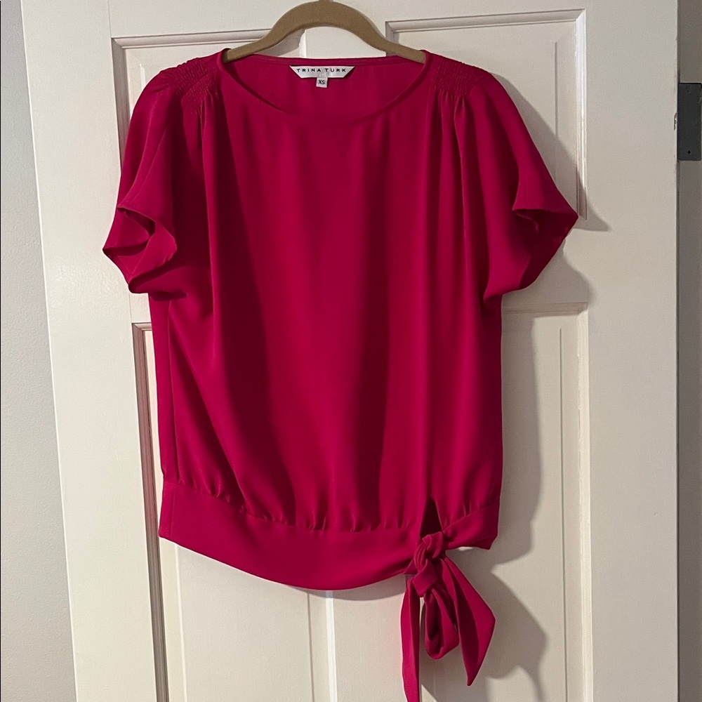 Trina Turk Hot Pink Tie-Hem Short Sleeve Blouse